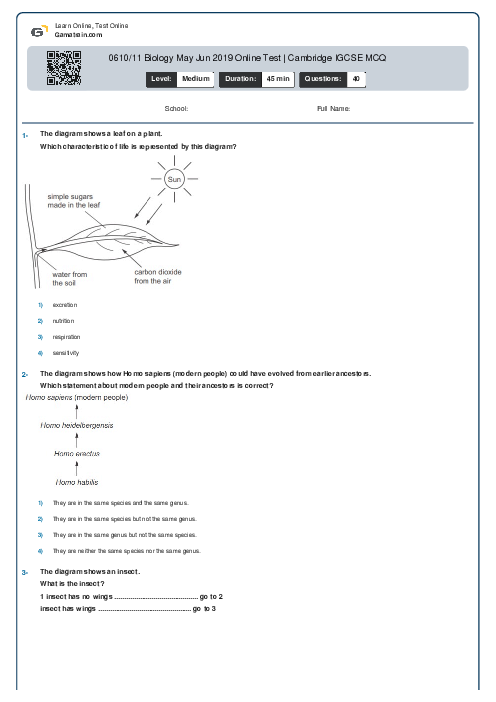 0610/11 Biology May Jun 2019 Online Test | Cambridge IGCSE MCQ