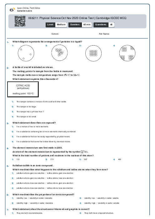 0652/11 Physical Science Oct Nov 2020 Online Test | Cambridge IGCSE MCQ