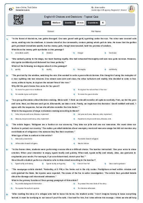 English 8 | Choices and Decisions - Topical Quiz