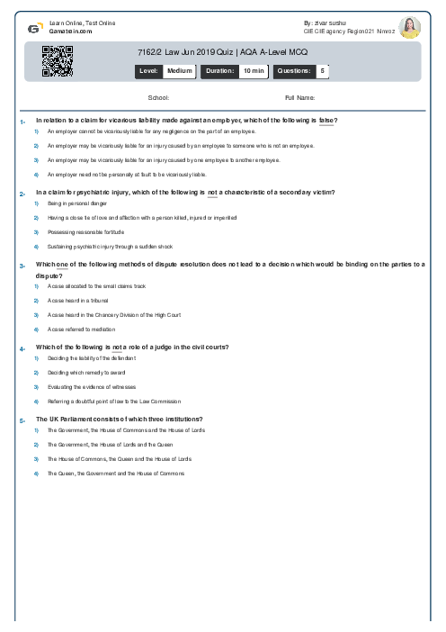 7162/2 Law Jun 2019 Quiz | AQA A Level MCQ