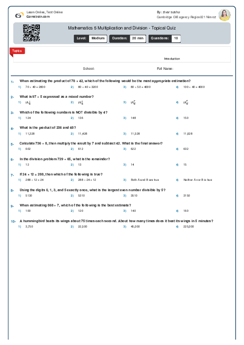  Mathematics 5 | Multiplication and Division - Topical Quiz