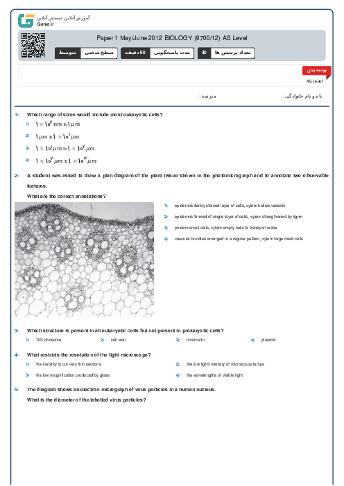 9700/12 Biology May Jun 2012 Online Test | Cambridge AS and A Level MCQ