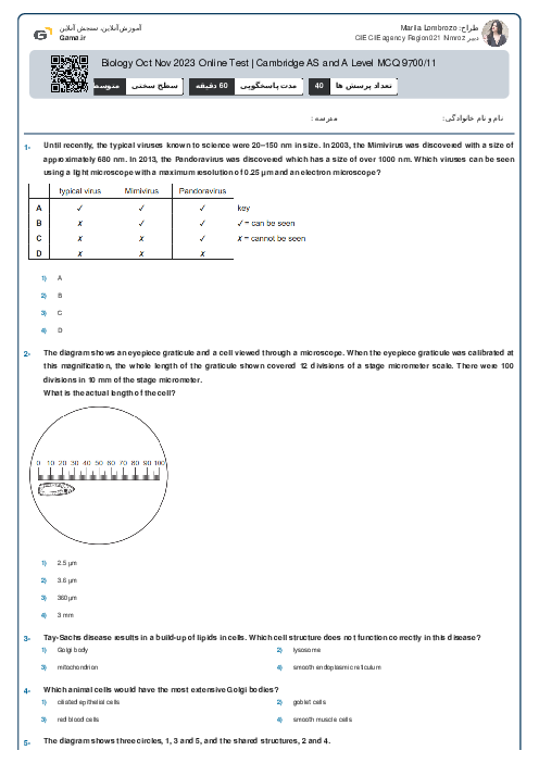 9700/11 Biology Oct Nov 2023 Online Test | Cambridge AS and A Level MCQ