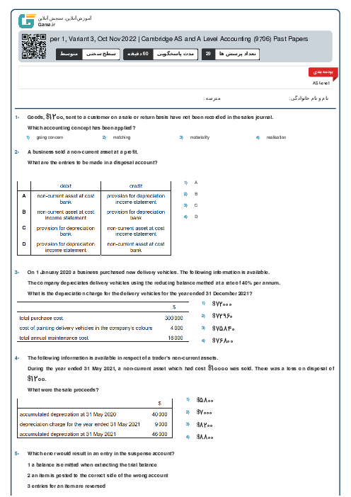 9706/13 Accounting Oct Nov 2022 Online Test | Cambridge AS and A Level MCQ