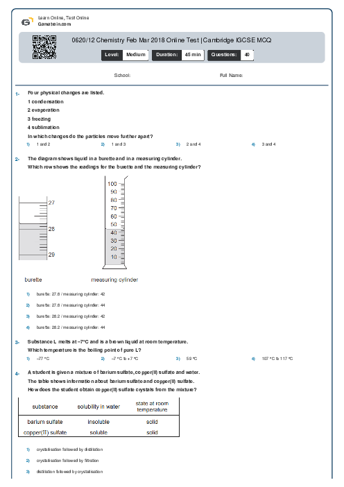 0620/12 Chemistry Feb Mar 2018 Online Test | Cambridge IGCSE MCQ