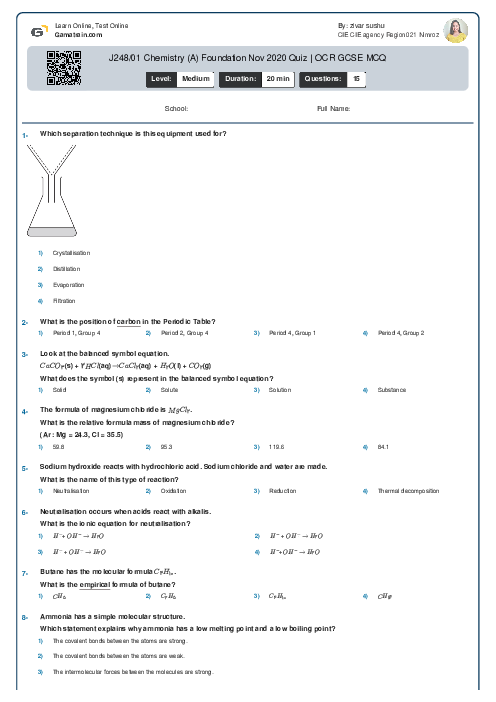  J248/01 Chemistry (A) Foundation Nov 2020 Quiz | OCR GCSE MCQ