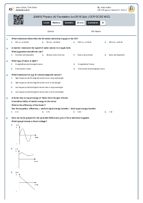  J249/02 Physics (A) Foundation Jun 2019 Quiz | OCR GCSE MCQ