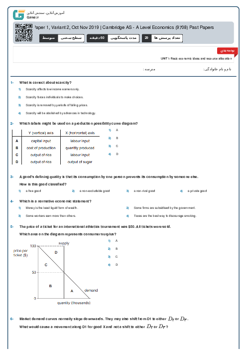 9708/12 Economics Oct Nov 2019 Online Test | Cambridge AS and A Level MCQ