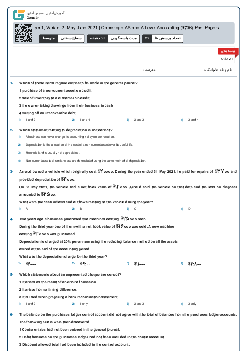 9706/12 Accounting May Jun 2021 Online Test | Cambridge AS and A Level MCQ