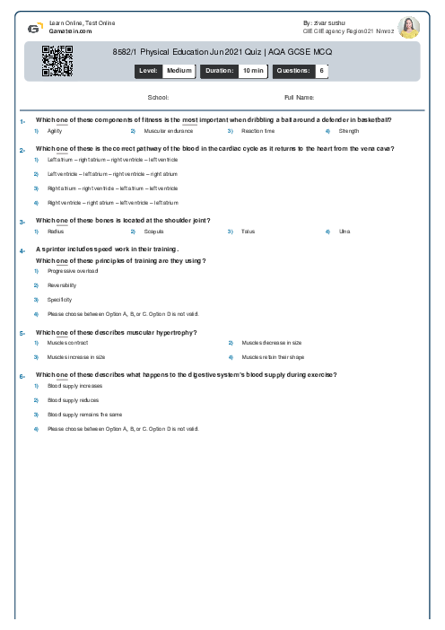 8582/1 Physical Education Jun 2021 Quiz | AQA GCSE MCQ