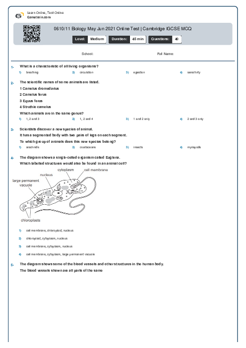 0610/11 Biology May Jun 2021 Online Test | Cambridge IGCSE MCQ