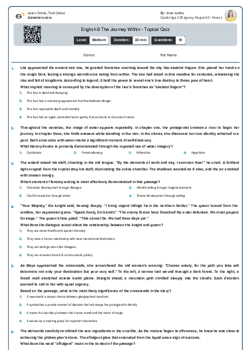 English 9 | The Journey Within - Topical Quiz