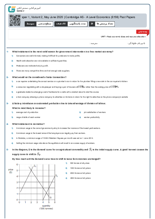 9708/12 Economics May Jun 2020 Online Test | Cambridge AS and A Level MCQ