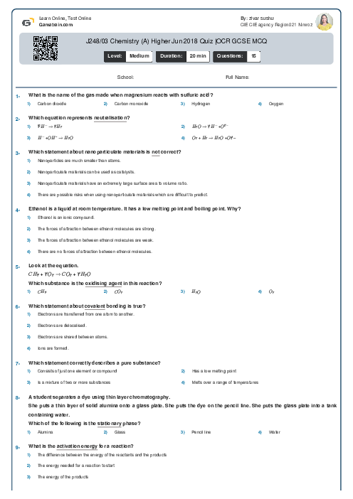  J248/03 Chemistry (A) Higher Jun 2018 Quiz |OCR GCSE MCQ