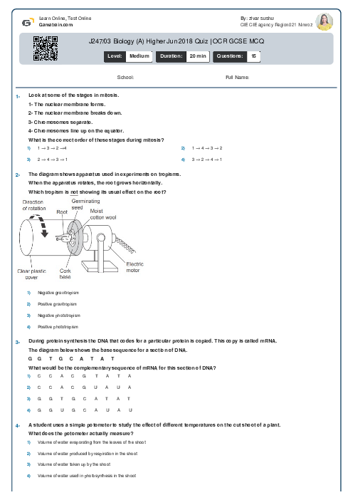 J247/03 Biology (A) Higher Jun 2018 Quiz | OCR GCSE MCQ