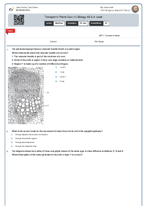 Transport in Plants Quiz (1) Biology AS Level