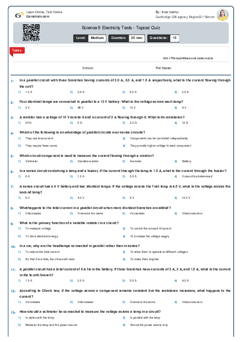 Science 9 Electricity Tests - Topical Quiz