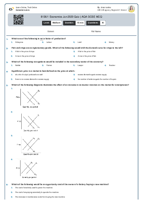 8136/1 Economics Jun 2020 Quiz | AQA GCSE MCQ