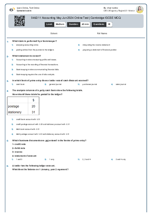 0452/11 Accounting May Jun 2024 Online Test | Cambridge IGCSE MCQ