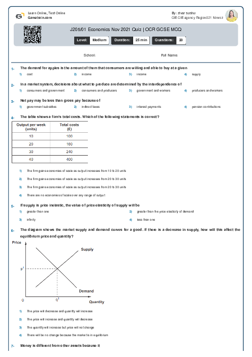 J205/01 Economics Nov 2021 Quiz | OCR GCSE MCQ