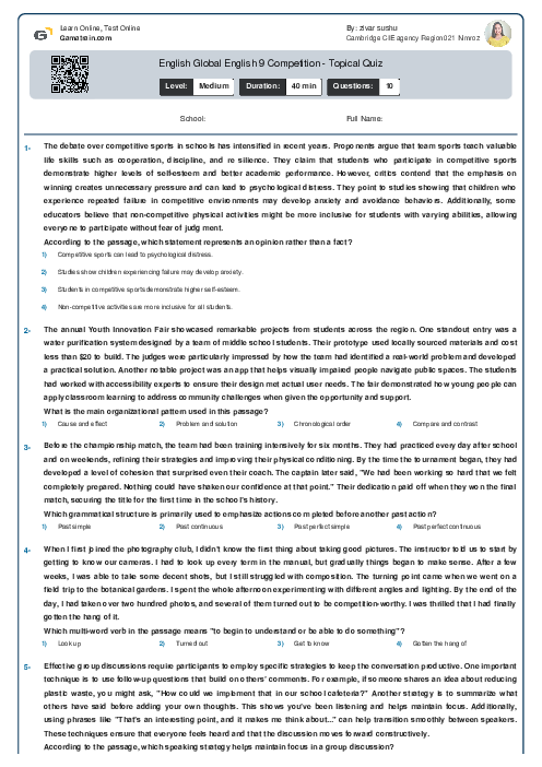 English Global English 9 Competition - Topical Quiz