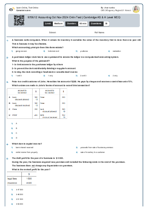 9706/12 Accounting Oct Nov 2024 Onlin Test | Cambridge AS & A Level MCQ