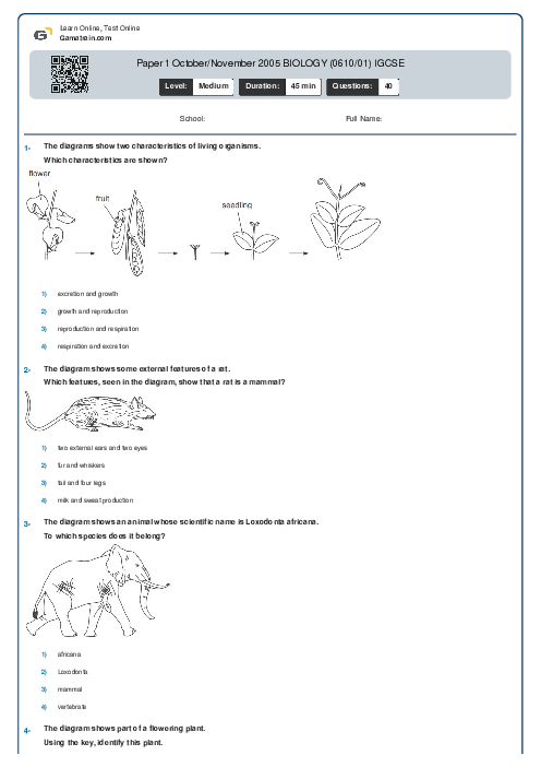 Paper 1 October/November 2005 BIOLOGY (0610/01) IGCSE