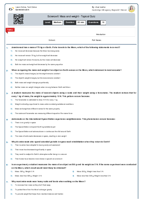 Science 6 Mass and weight - Topical Quiz