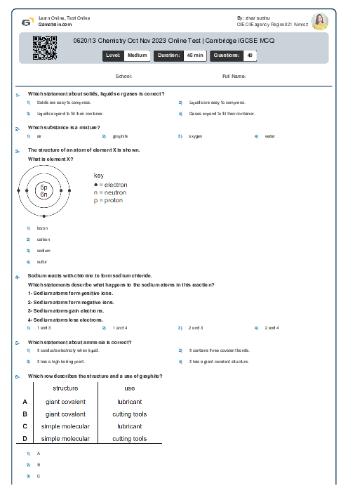 0620/13 Chemistry Oct Nov 2023 Online Test | Cambridge IGCSE MCQ