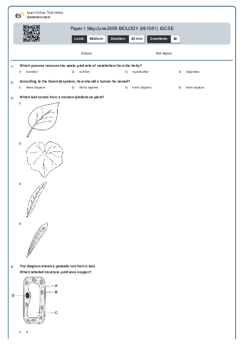 Paper 1 May/June 2009 BIOLOGY (0610/01) IGCSE