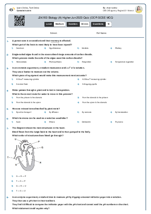 J247/03 Biology (A) Higher Jun 2023 Quiz | OCR GCSE MCQ