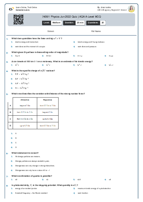  7408/1 Physics Jun 2022 Quiz | AQA A Level MCQ