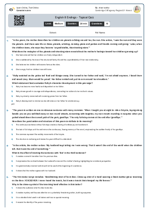  English 8 | Endings - Topical Quiz