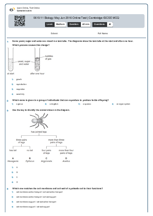 0610/11 Biology May Jun 2016 Online Test | Cambridge IGCSE MCQ