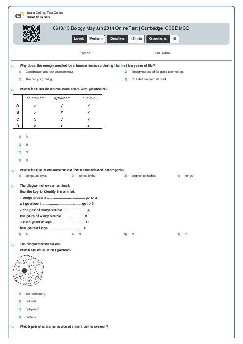 0610/13 Biology May Jun 2014 Online Test | Cambridge IGCSE MCQ