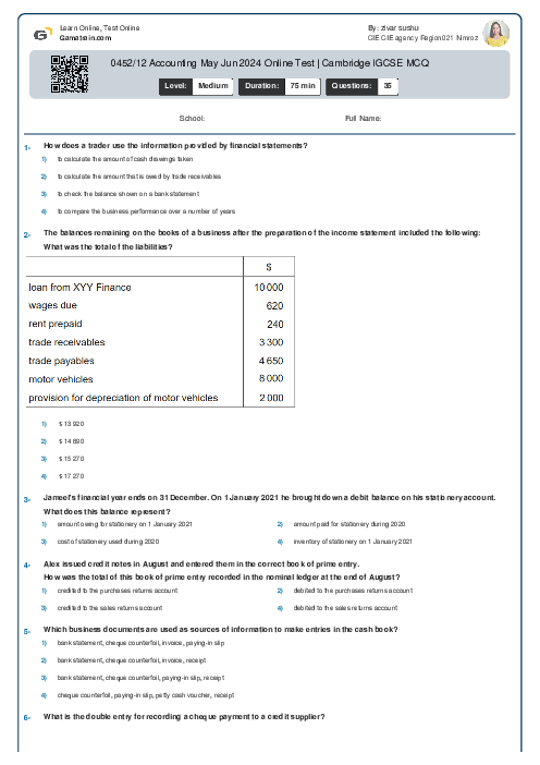 0452/12 Accounting May Jun 2024 Online Test | Cambridge IGCSE MCQ