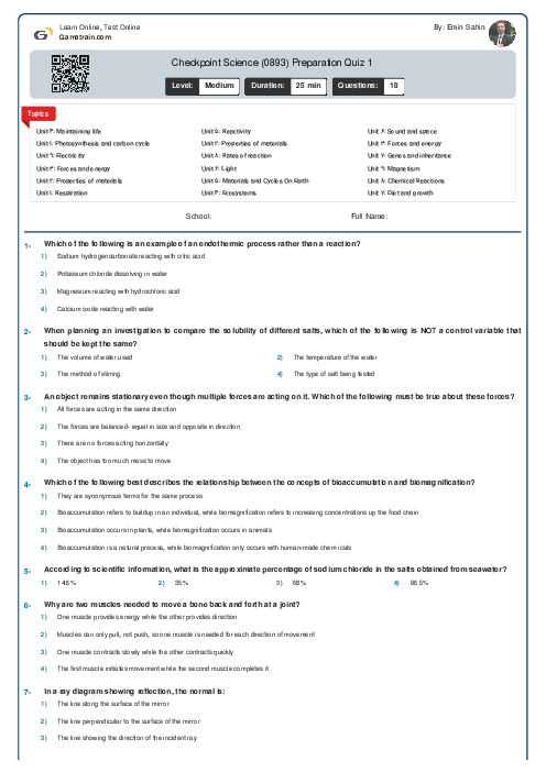 Checkpoint Science (0893) Preparation Quiz 1