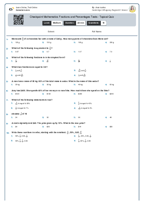 Checkpoint Mathematics Fractions and Percentages Tests - Topical Quiz