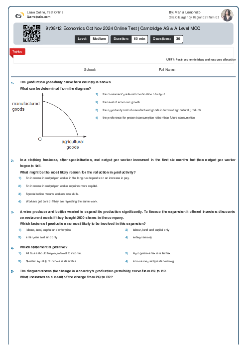 9708/12 Economics Oct Nov 2024 Online Test | Cambridge AS & A Level MCQ