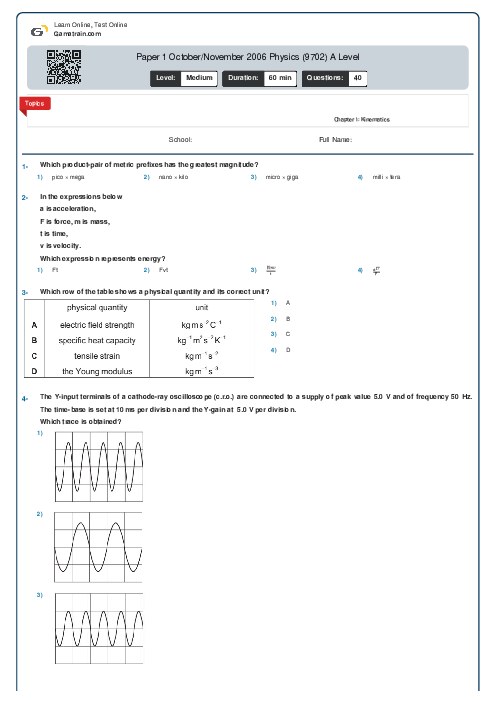 Paper 1 October/November 2006 Physics (9702) A Level