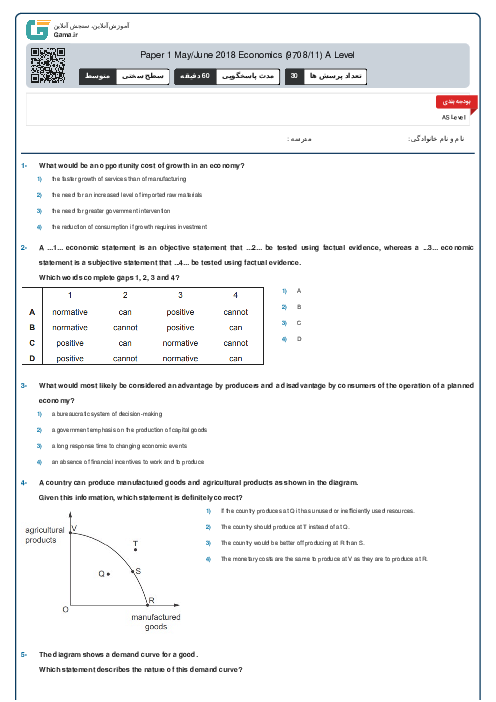 Paper 1 May/June 2018 Economics (9708/11) A Level