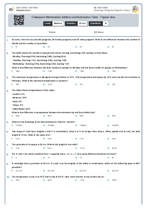 Checkpoint Mathematics Addition and Subtraction Tests - Topical Quiz
