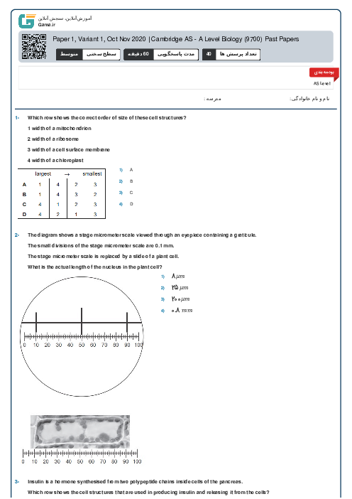 9700/11 Biology Oct Nov 2020 Online Test | Cambridge AS and A Level MCQ