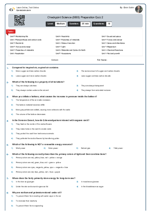 Checkpoint Science (0893) Preparation Quiz 2
