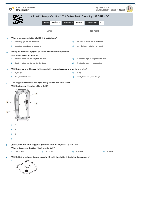 0610/13 Biology Oct Nov 2023 Online Test | Cambridge IGCSE MCQ
