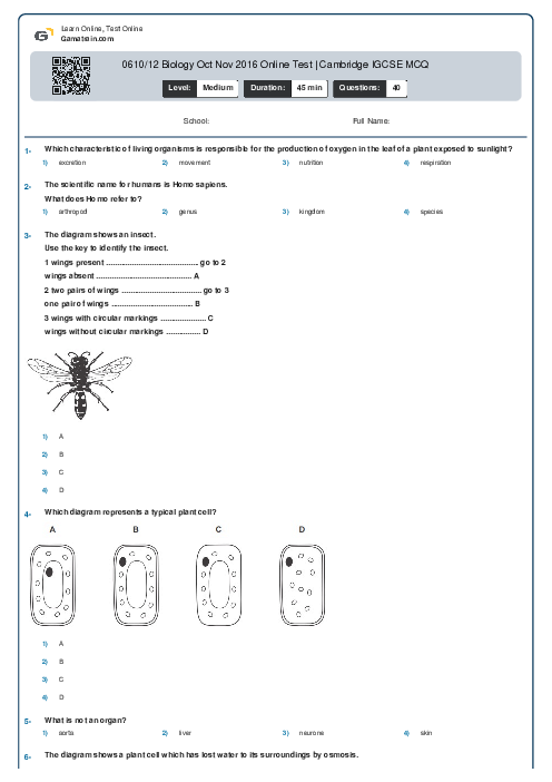0610/12 Biology Oct Nov 2016 Online Test | Cambridge IGCSE MCQ