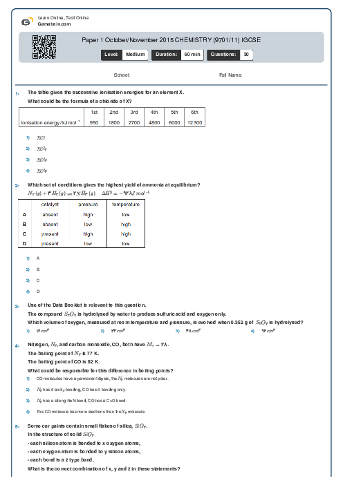 Paper 1 October/November 2015 CHEMISTRY (9701/11) IGCSE