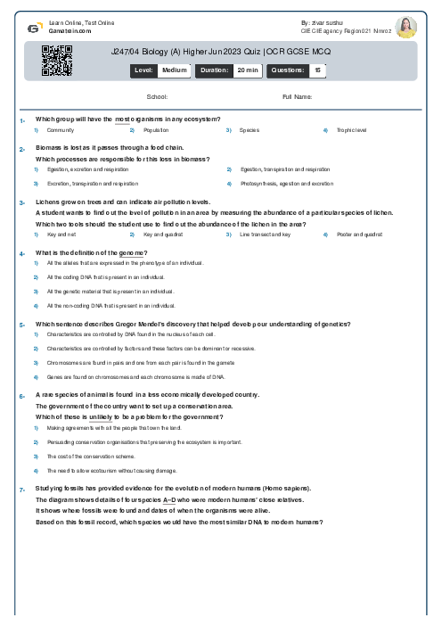 J247/04 Biology (A) Higher Jun 2023 Quiz | OCR GCSE MCQ