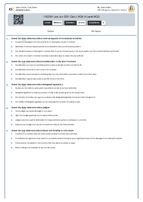  7162/3A Law Jun 2021 Quiz | AQA A Level MCQ