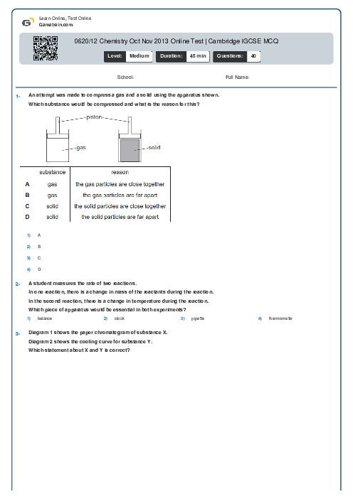 0620/12 Chemistry Oct Nov 2013 Online Test | Cambridge IGCSE MCQ